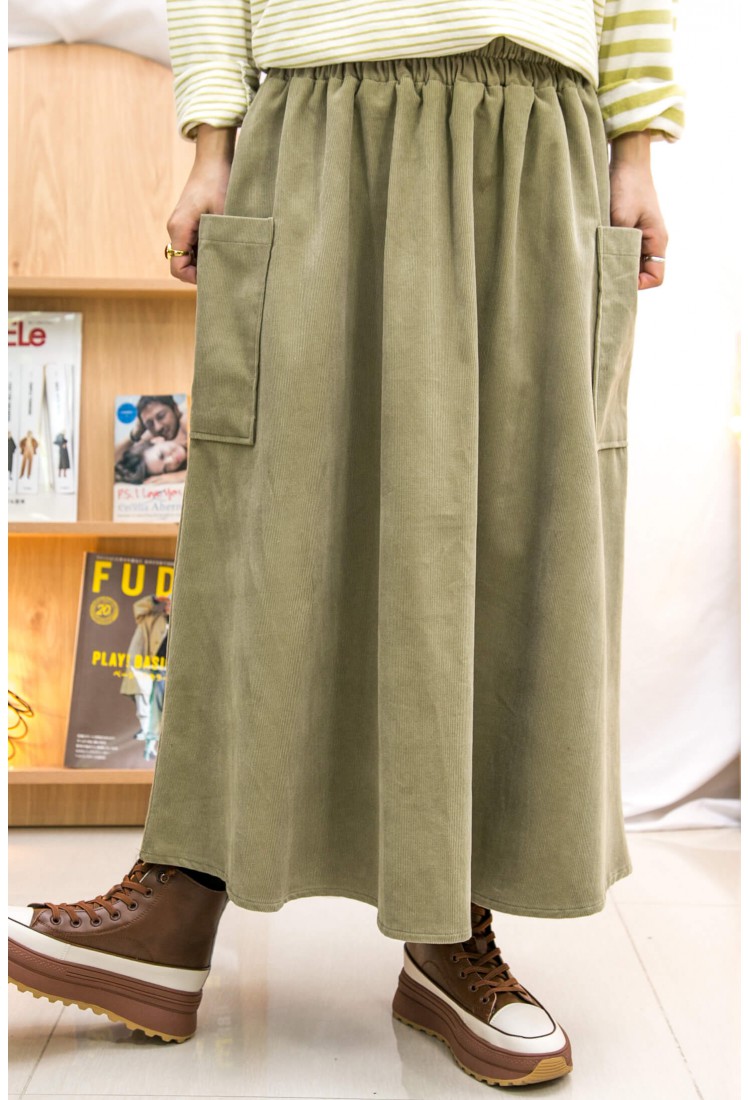 2215-1232A - 悠閒感 -橡根腰 ‧ 兩側袋 ‧ 燈芯絨料半截裙 (韓國) 0